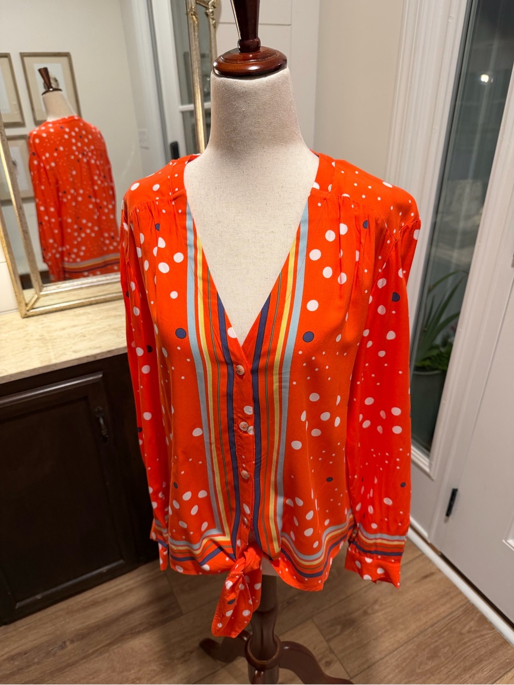 Maeve Bright Orange Polka Dot Tie-Front Blouse with Stripe Trim